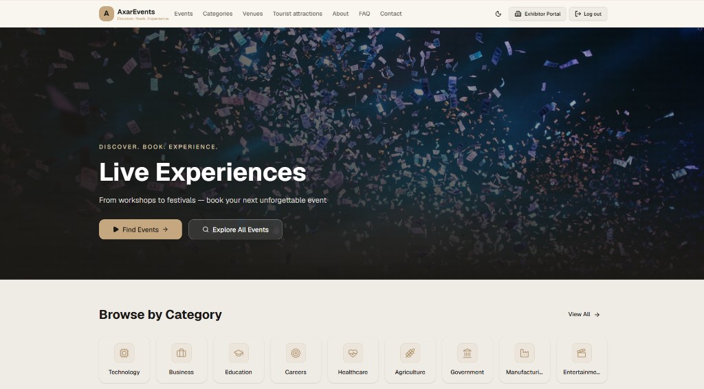 Axar Events discovery and booking platform homepage