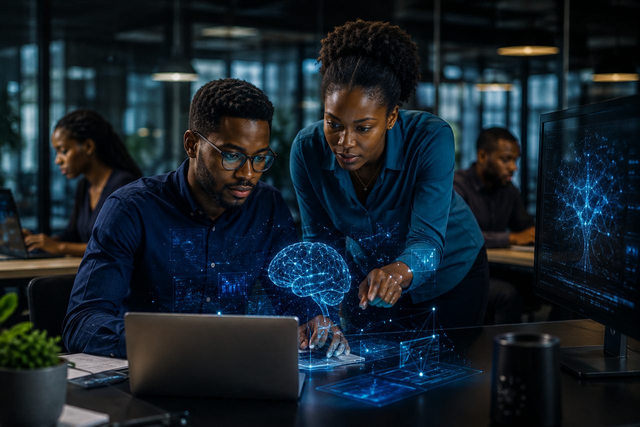 Two specialists reviewing an AI workflow together, with a neural network visualization over the workspace.