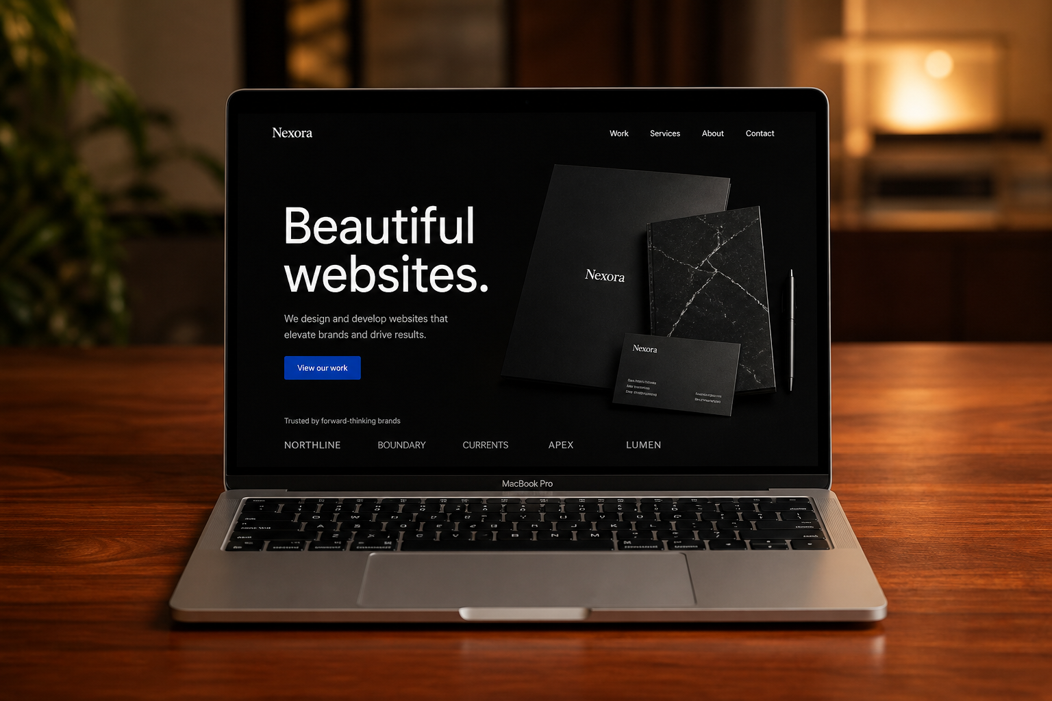 Laptop on a wooden desk showing a Nexora website designed as a structured page experience.