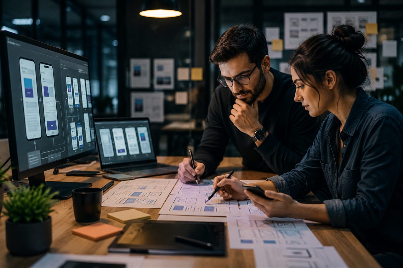 Two designers reviewing mobile wireframes, sketches, and interface flows at a studio desk.